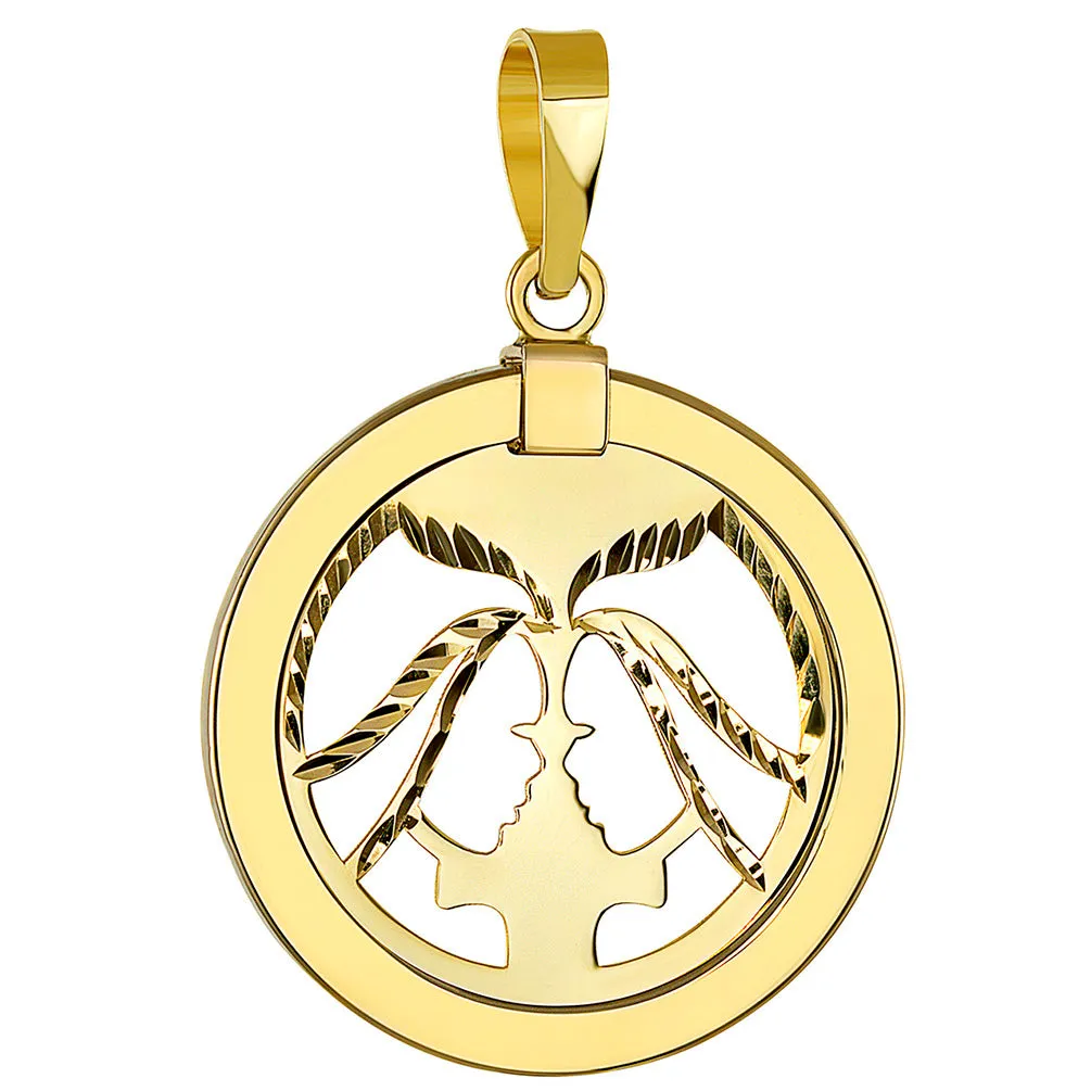 14K Yellow Gold Reversible Round Gemini Twins Zodiac Sign Pendant
