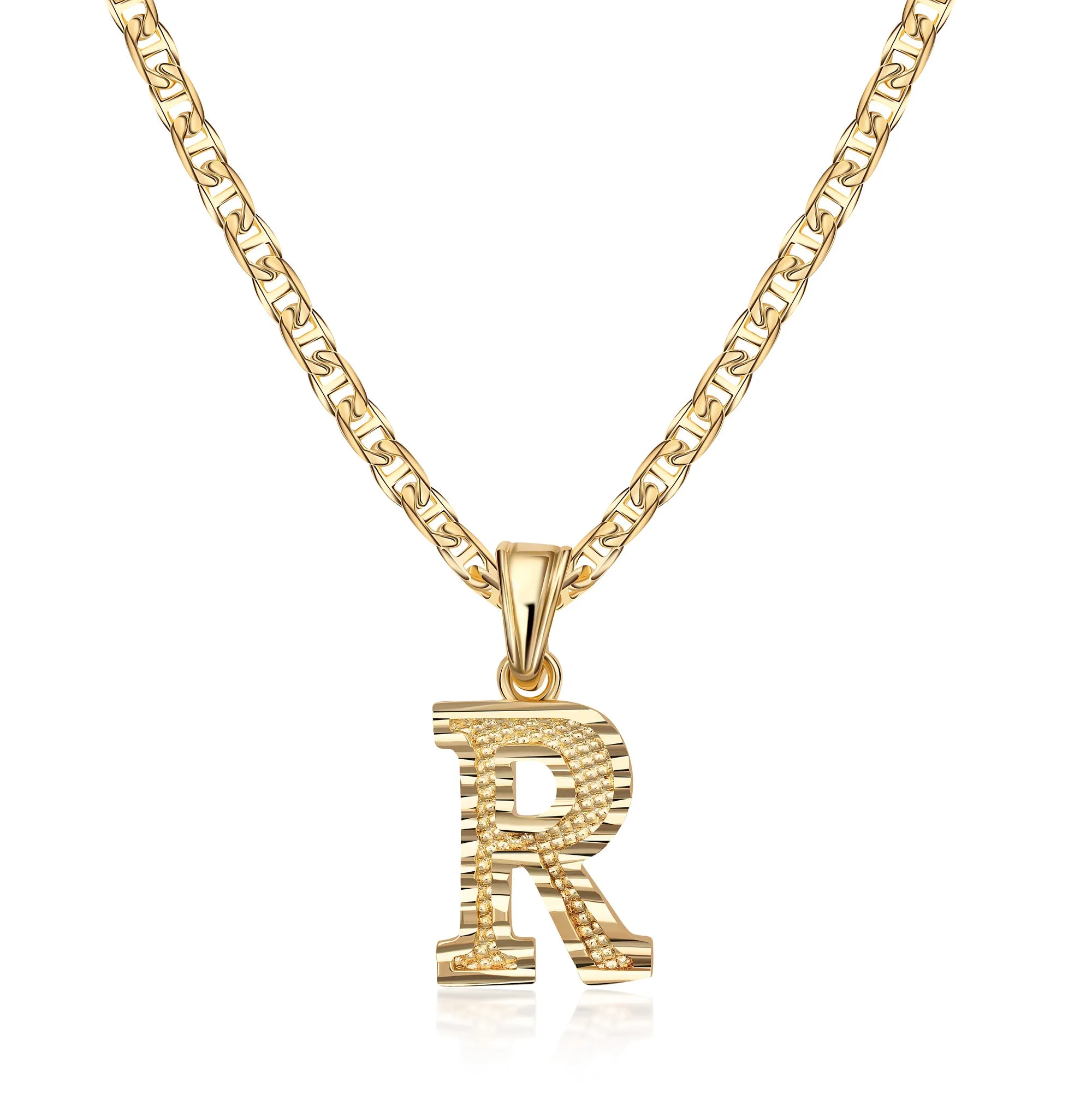 18K Gold Plated Initial Necklace with Diamond Cut Initial,18" Chain with 2" Extension