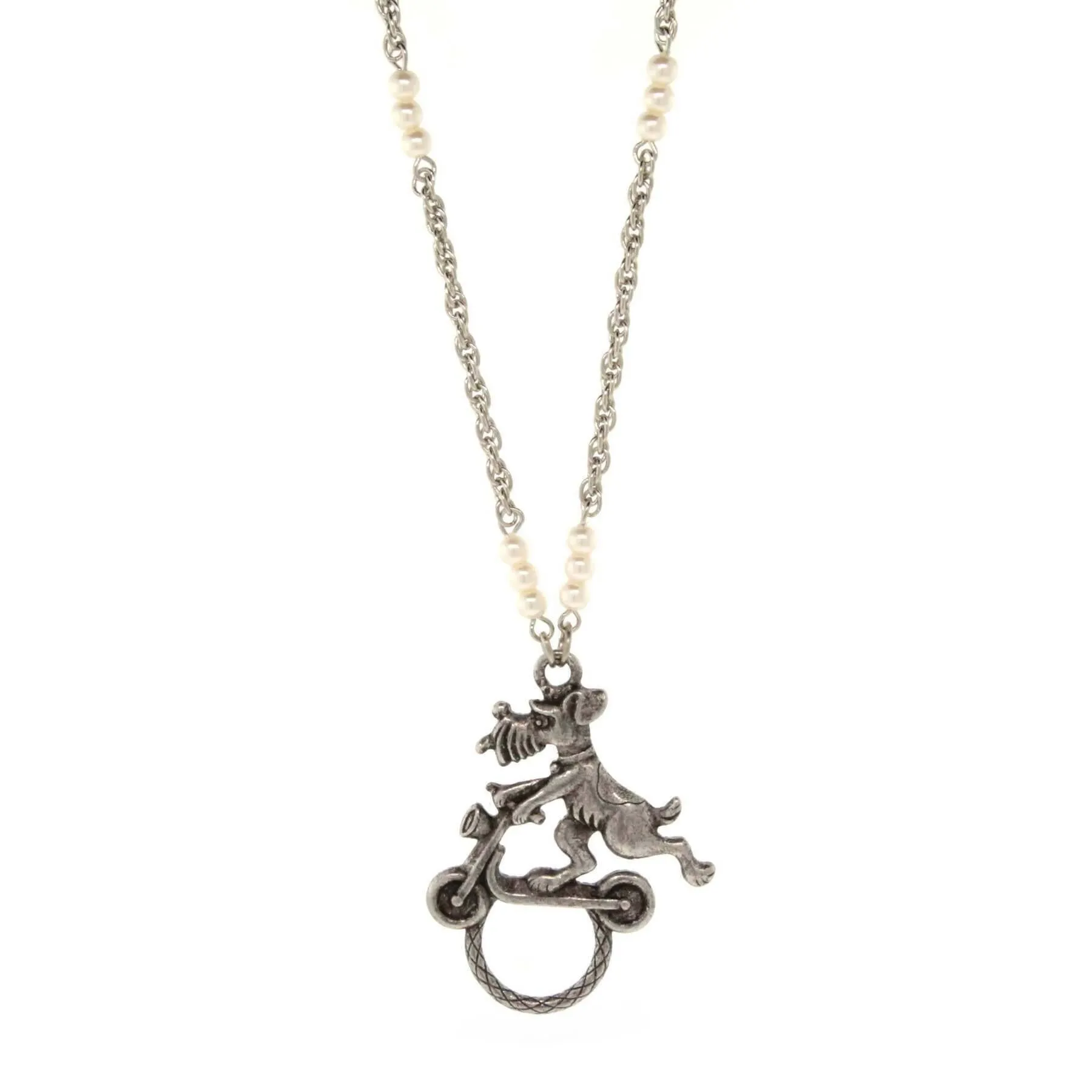 1928 Jewelry Dog On Scooter With Faux Pearl Badge & Eyeglass Holder Chain Necklace 30"