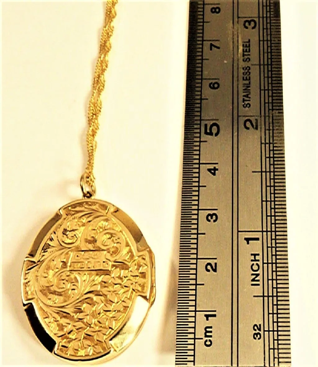 9ct Yellow Gold Antique Locket Glasgow Assayed 1910 Ornately Engraved With Elegant Necklace