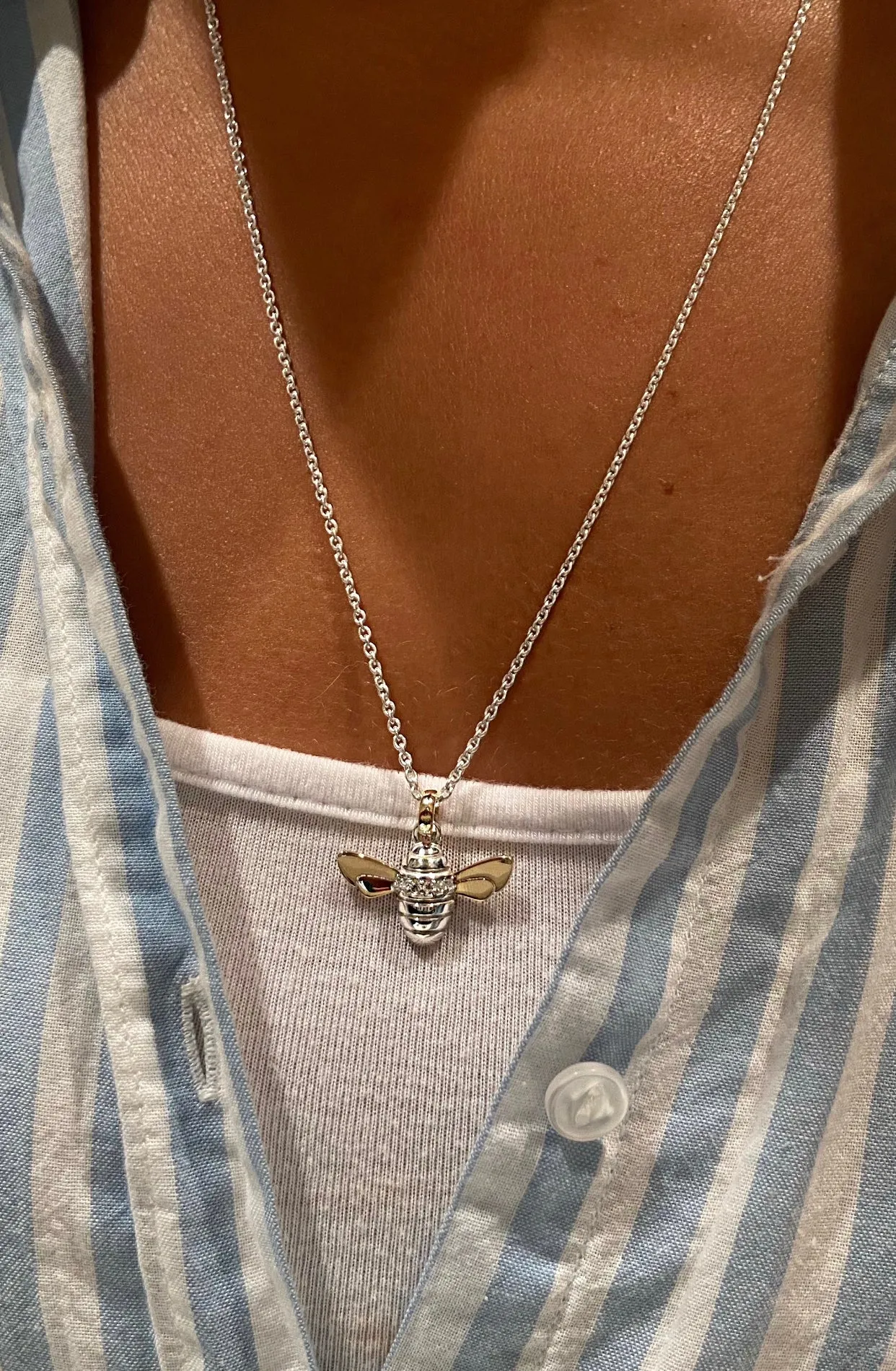 Diamond set Honey Bee Necklace, Handmade in Argentium Silver & 9ct Gold by Jeffs Jewellers