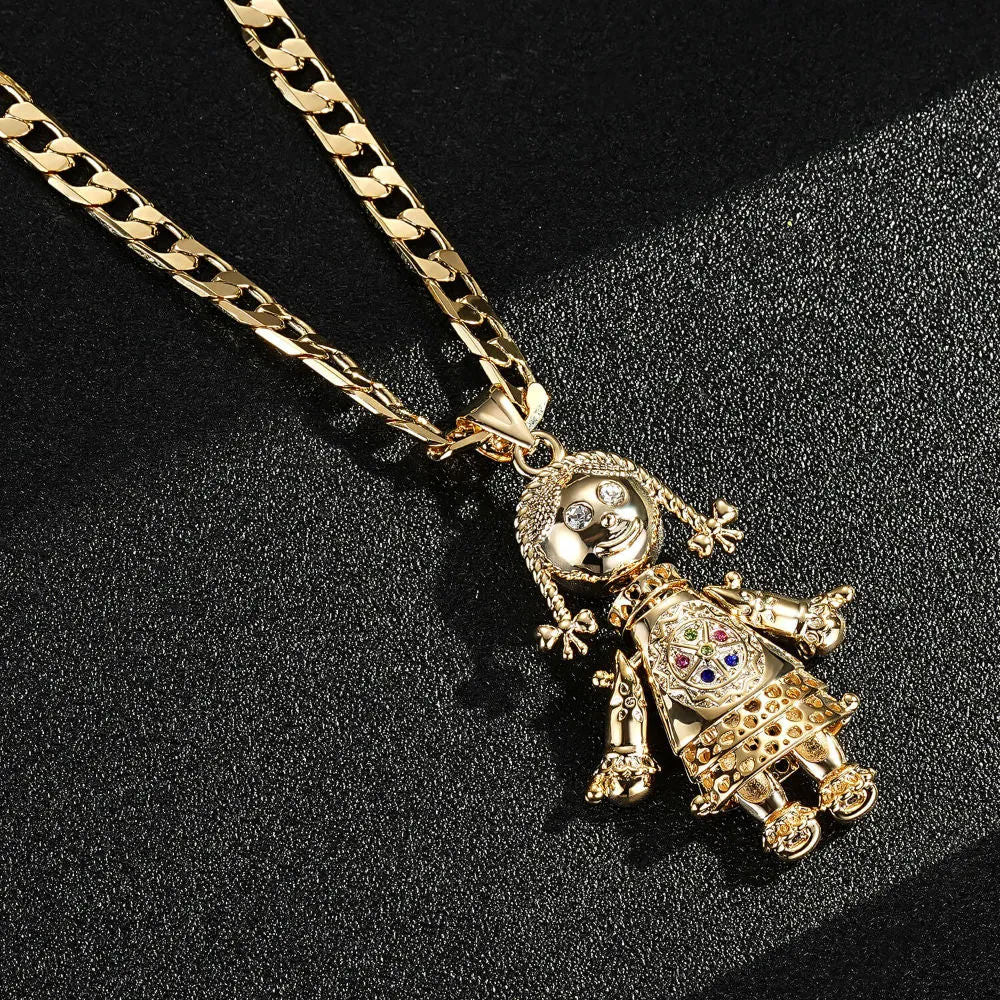 Gold 3D Rag Doll Pendant Cuban Curb Chain 22 Inch 6mm Cuban Chain