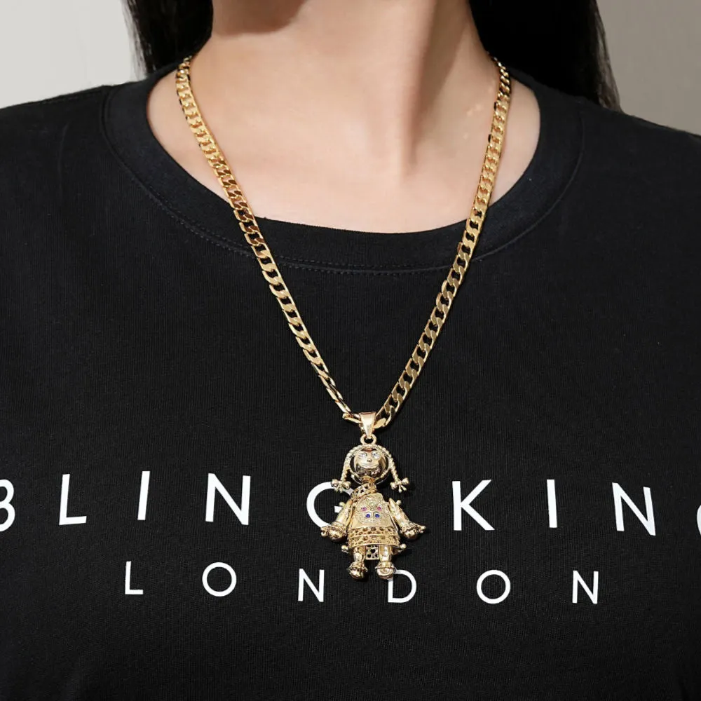 Gold 3D Rag Doll Pendant Cuban Curb Chain 22 Inch 6mm Cuban Chain