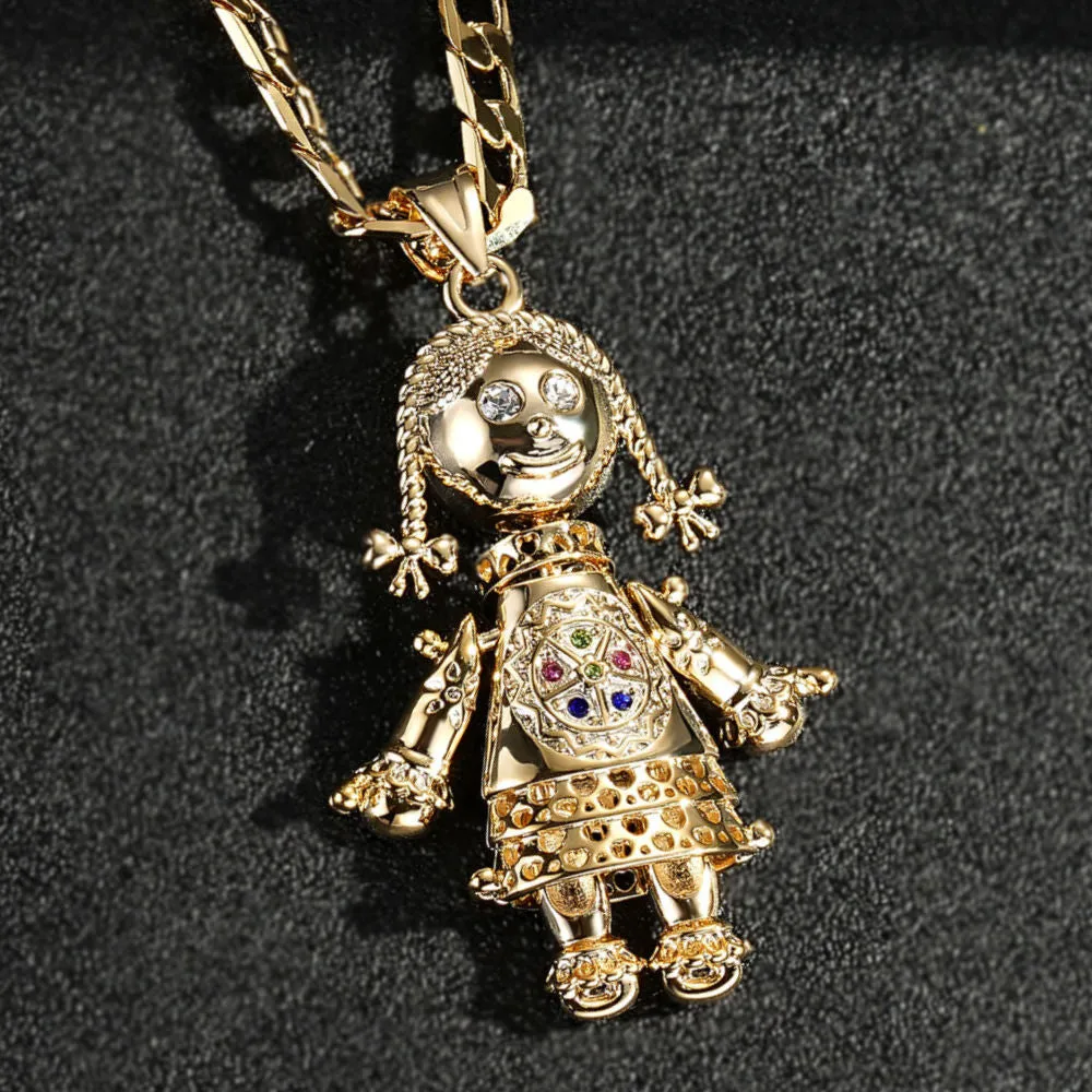Gold 3D Rag Doll Pendant Cuban Curb Chain 22 Inch 6mm Cuban Chain